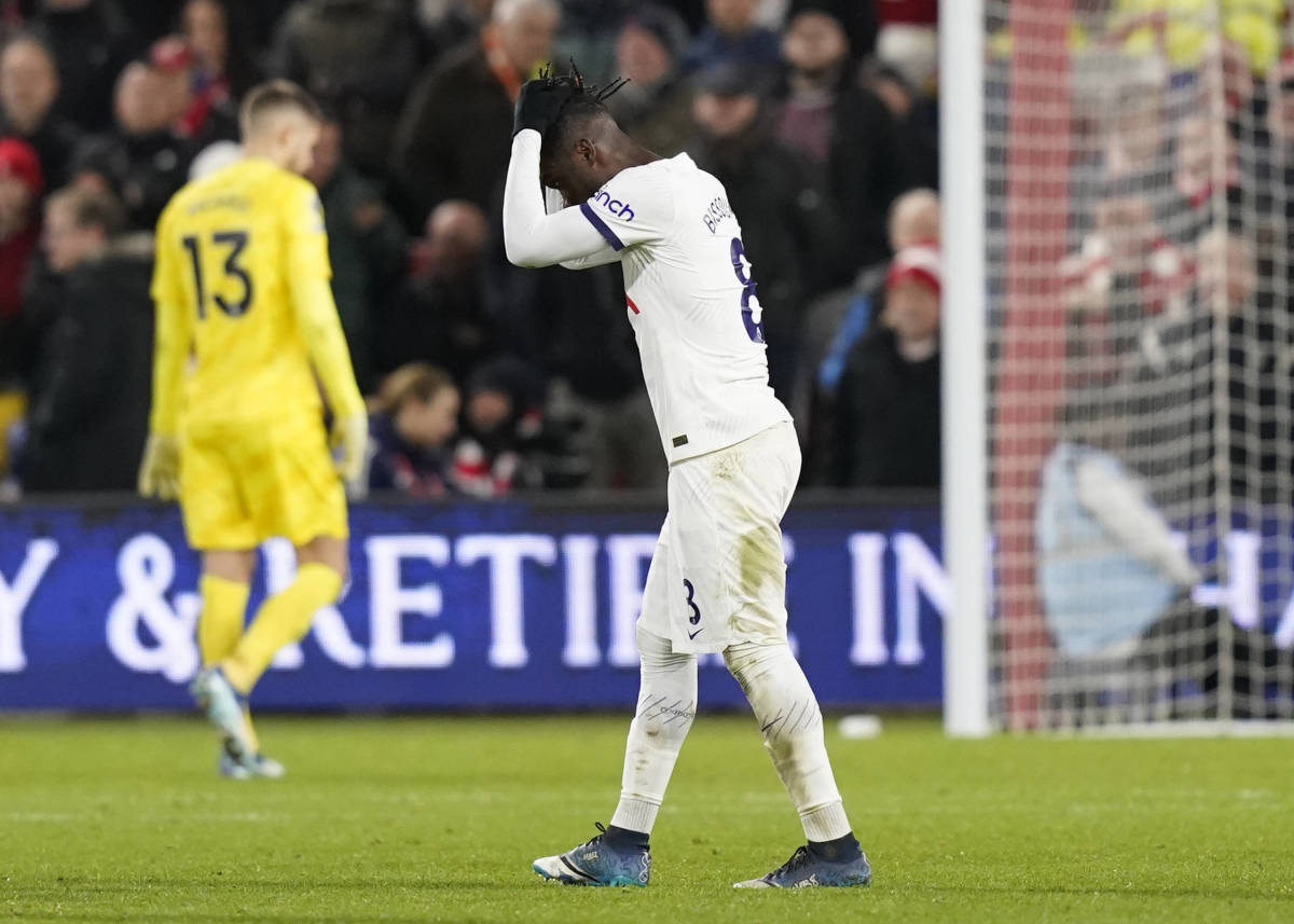 Tottenham Hotspur midfielder Yves Bissouma pictured with his head in his hands after being sent off during a Premier League game against Nottingham Forest in December 2023