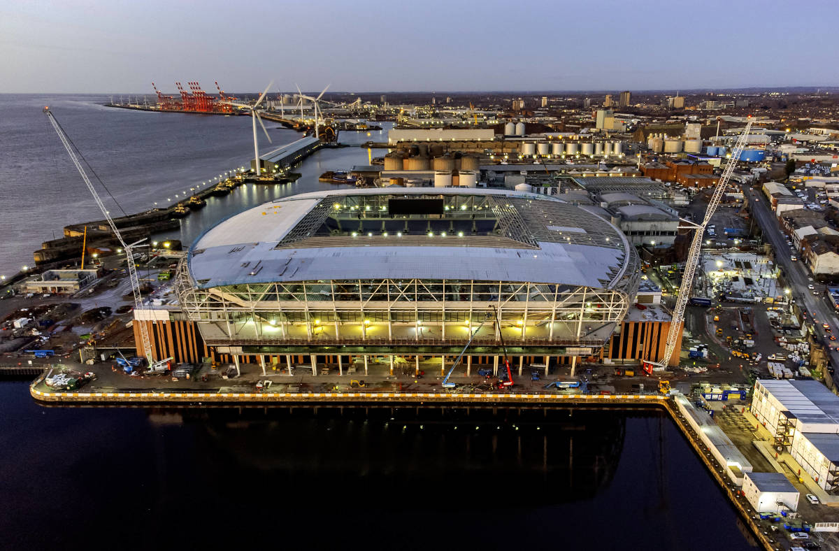 An aerial photo taken in December 2023 showing the construction site where Everton Football Club's new stadium is being built at Bramley-Moore Dock in Liverpool