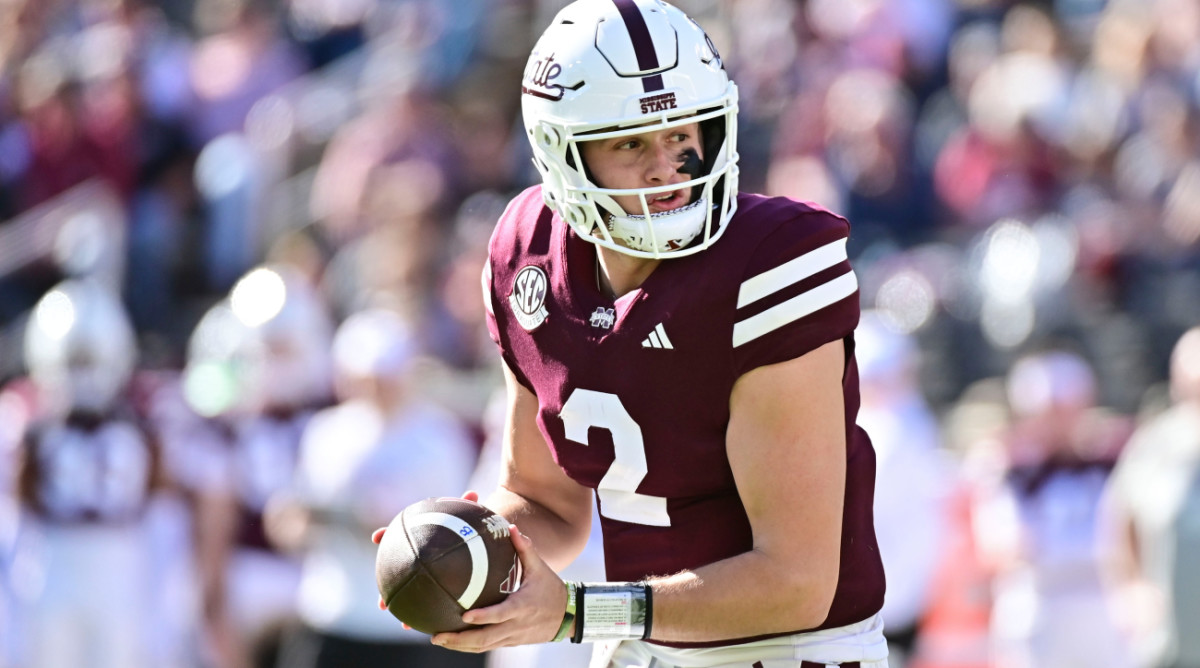 Nov 18, 2023; Starkville, Mississippi, USA; Mississippi State Bulldogs quarterback Will Rogers (2) drops back in the pocket against the Southern Miss Golden Eagles during the third quarter at Davis Wade Stadium at Scott Field. Mandatory Credit: Matt Bush-USA TODAY Sports  