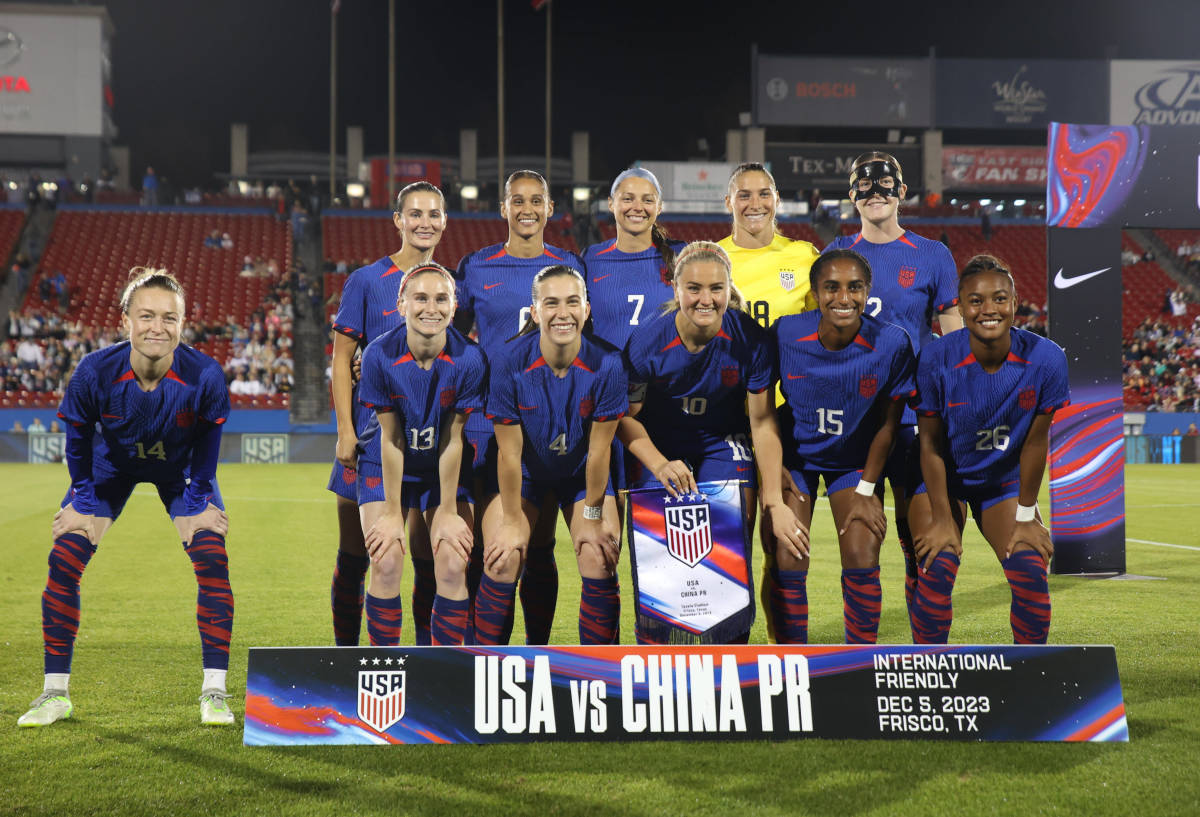 The United States women's national team pictured posing for a pre-match photo before beating China 2-1 in a friendly in Texas in December 2023