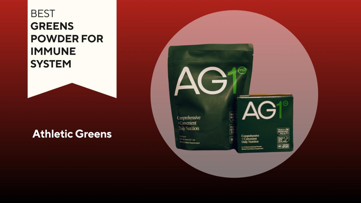 A green pouch of AG1 by Athletic Greens our pick for the best greens powder for immune system