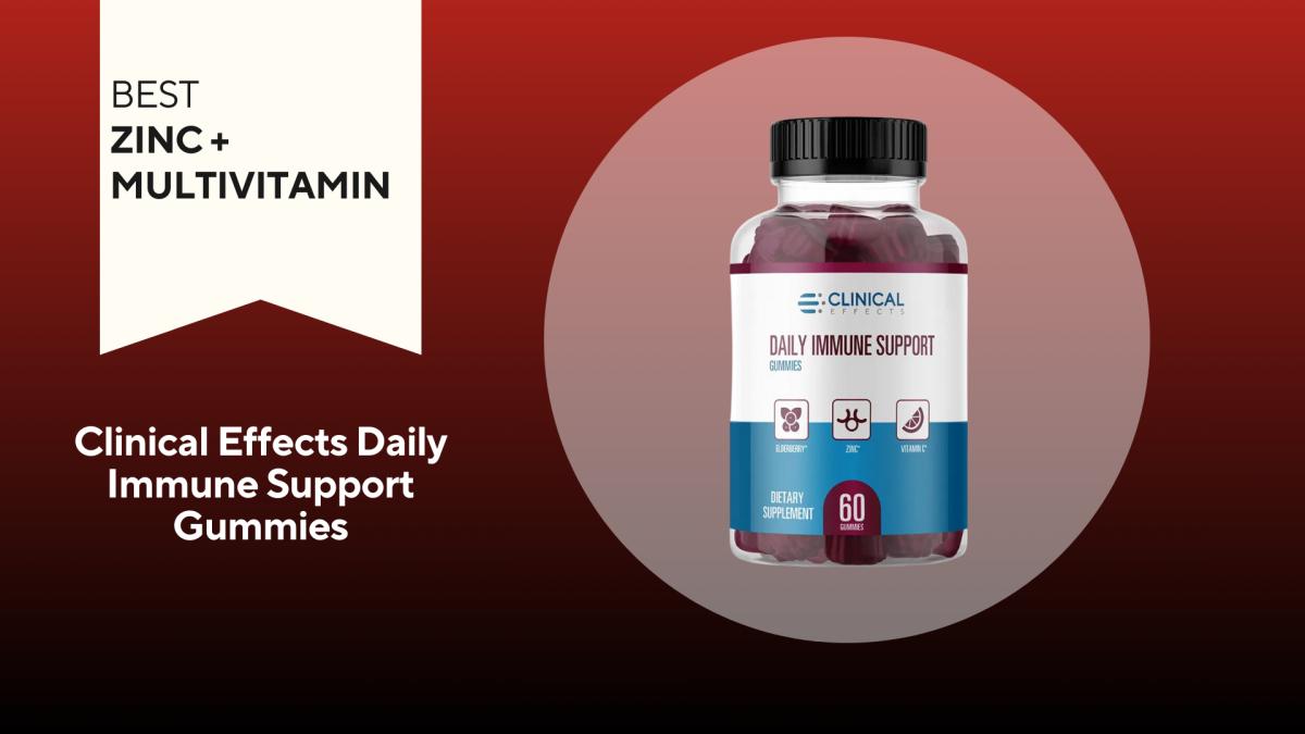 A clear bottle with a blue and white label of clinical effects daily immune support gummies our pick for the best zinc + multivitamin