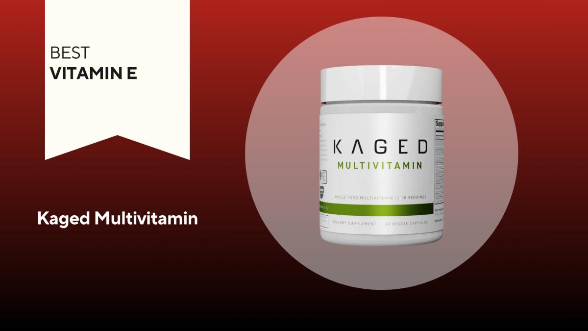 A white bottle with green writing of Kaged multivitamin our pick for the best vitamin E