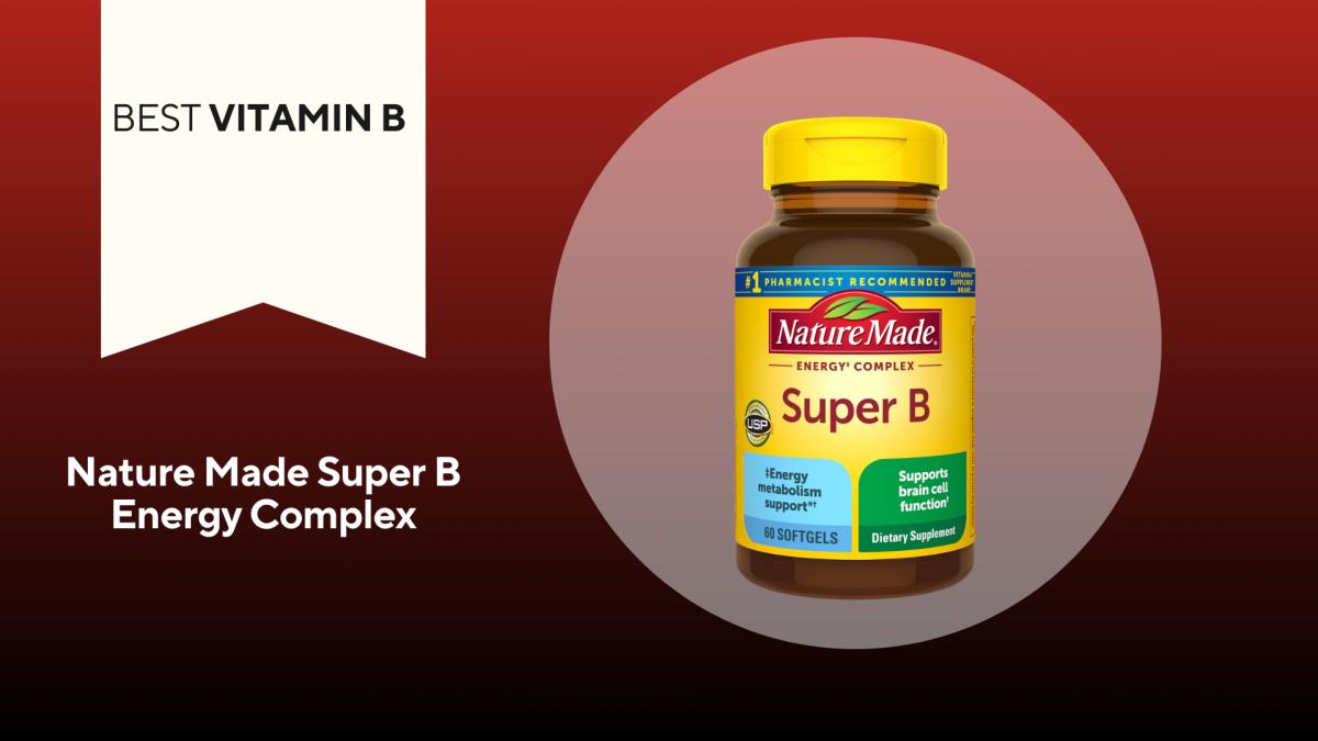 A brown bottle with a yellow label of nature made super b energy complex our pick for the best vitamin b