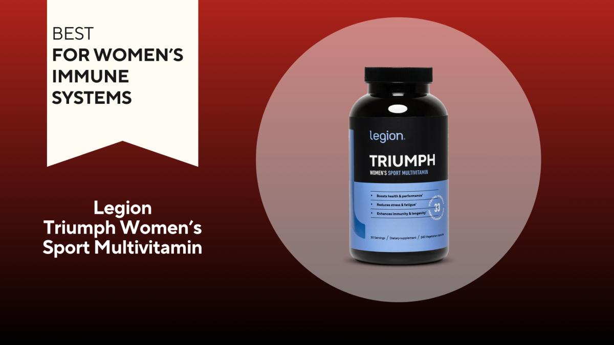 A black bottle with periwinkle and black label with white writing of Legion triumph women's sport multivitamin our pick for the best for women's immune systems