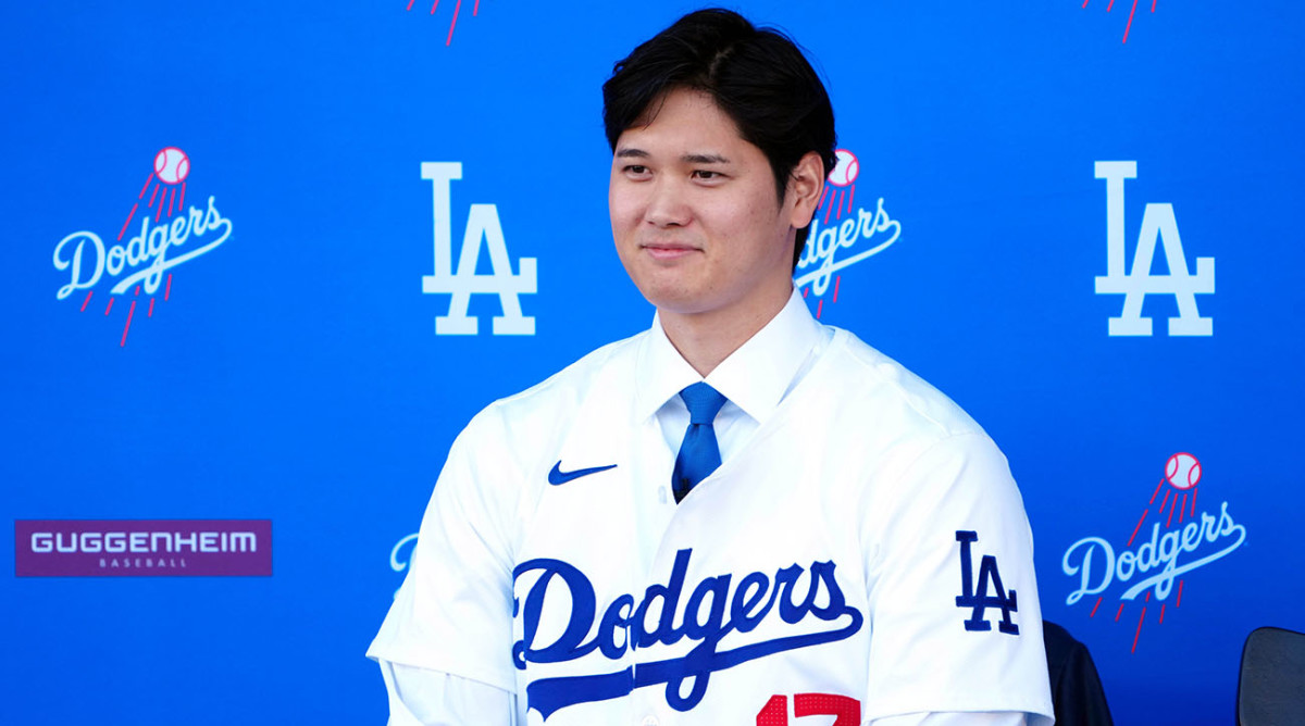 Dodgers two-way star Shohei Ohtani is introduced at a press conference.