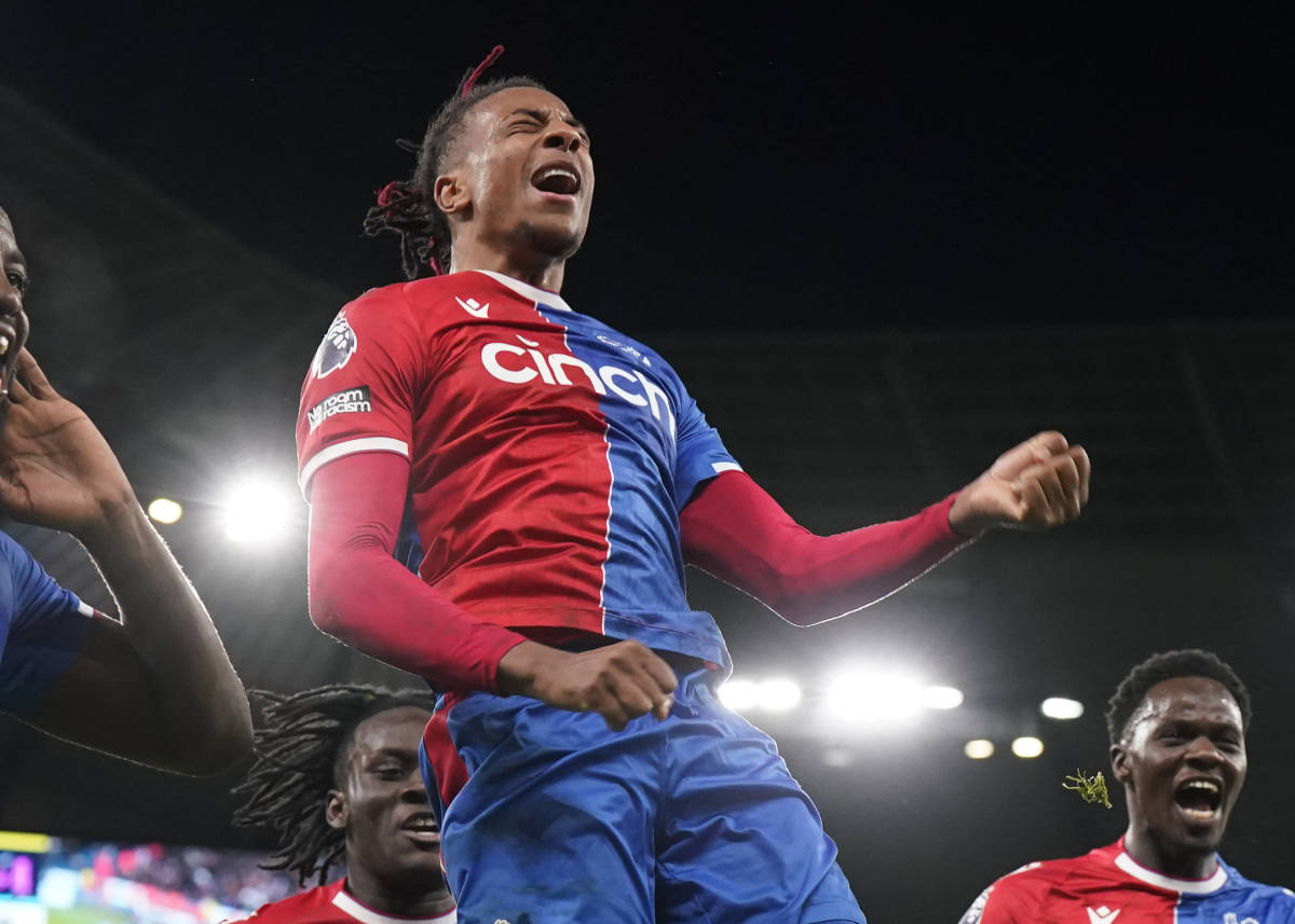 Michael Olise pictured celebrating after scoring a 95th-minute equalizer to earn Crystal Palace a 2-2 draw at Manchester City in December 2023