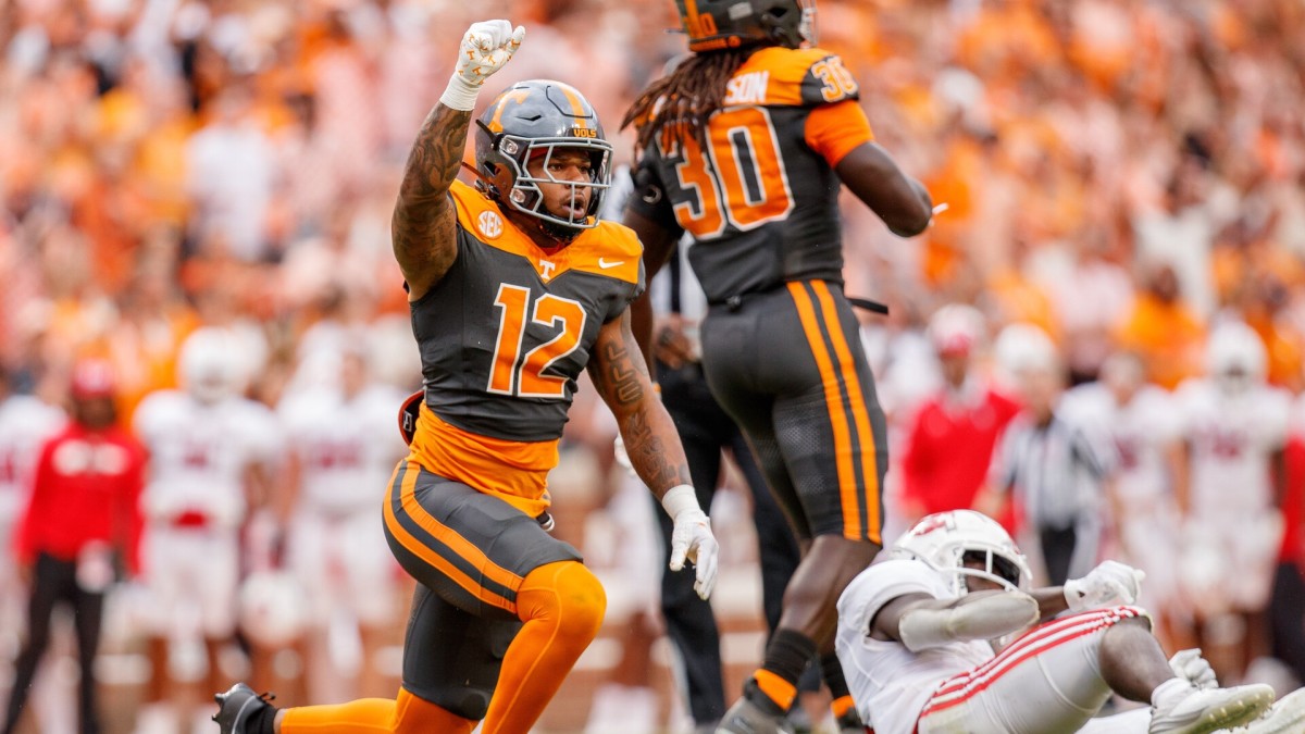 Tennessee defensive back Tamarion McDonald (12) celebrates on the field during a football game between Tennessee and Austin Peay at Neyland Stadium in Knoxville, Tenn., on Saturday, Sept. 9, 2023.  