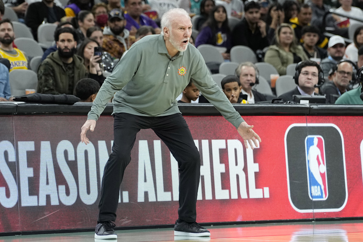 Dec 15, 2023; San Antonio, Texas, USA; San Antonio Spurs head coach Gregg Popovich signals to players during the second half against the Los Angeles Lakers at Frost Bank Center.