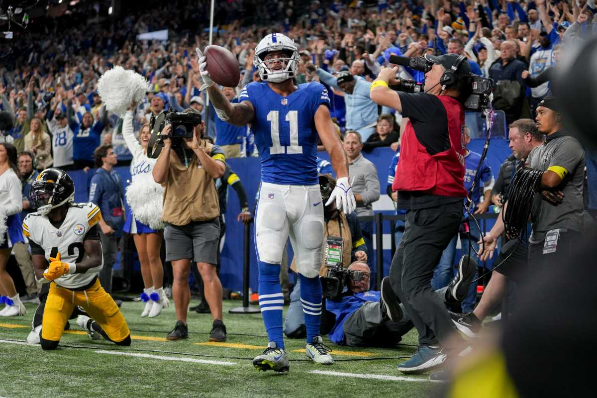Indianapolis Colts wide receiver Michael Pittman Jr. (11) celebrates after scoring a touchdown Monday, Nov. 28, 2022, during a game against the Pittsburgh Steelers at Lucas Oil Stadium in Indianapolis.  