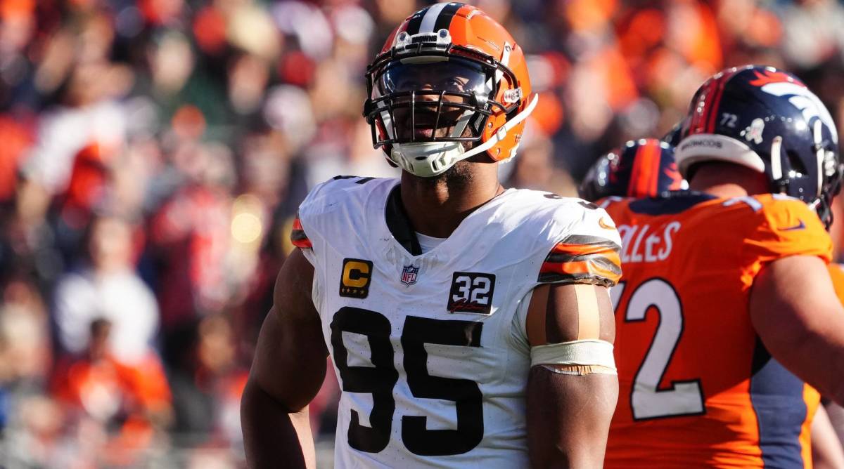 Browns defensive end Myles Garrett looks up during a game vs. the Broncos.