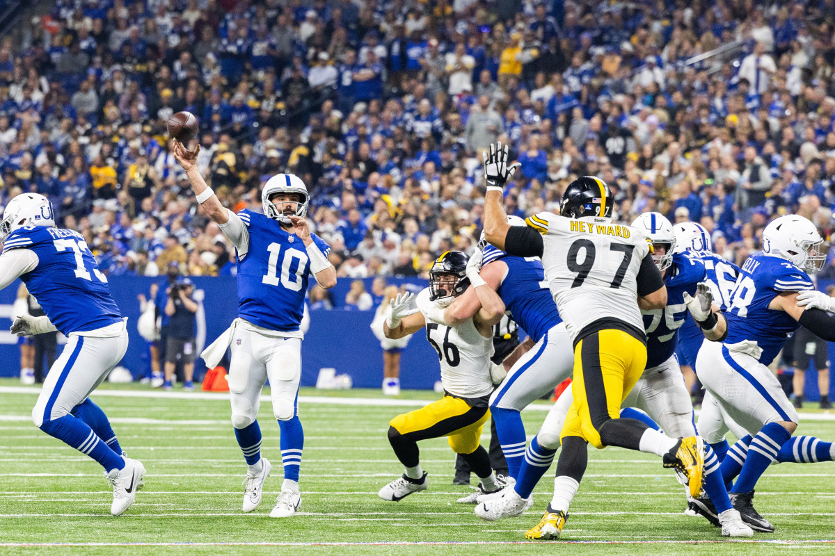 Dec 16, 2023; Indianapolis, Indiana, USA; Indianapolis Colts quarterback Gardner Minshew (10) passes the ball in the second half against the Pittsburgh Steelers at Lucas Oil Stadium. Mandatory Credit: Trevor Ruszkowski-USA TODAY Sports