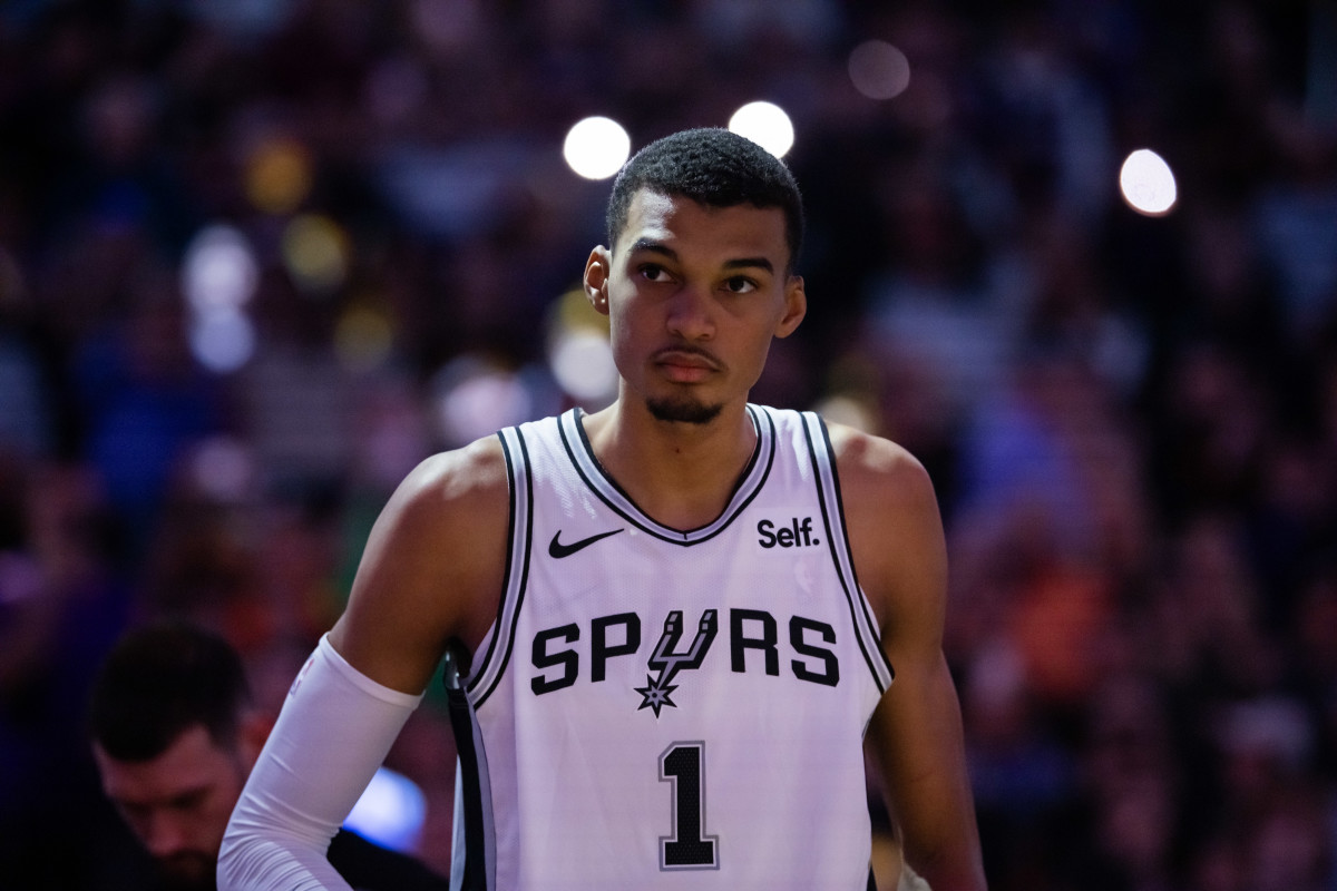 Nov 2, 2023; Phoenix, Arizona, USA; San Antonio Spurs center Victor Wembanyama (1) prior to the game against the Phoenix Suns at Footprint Center.