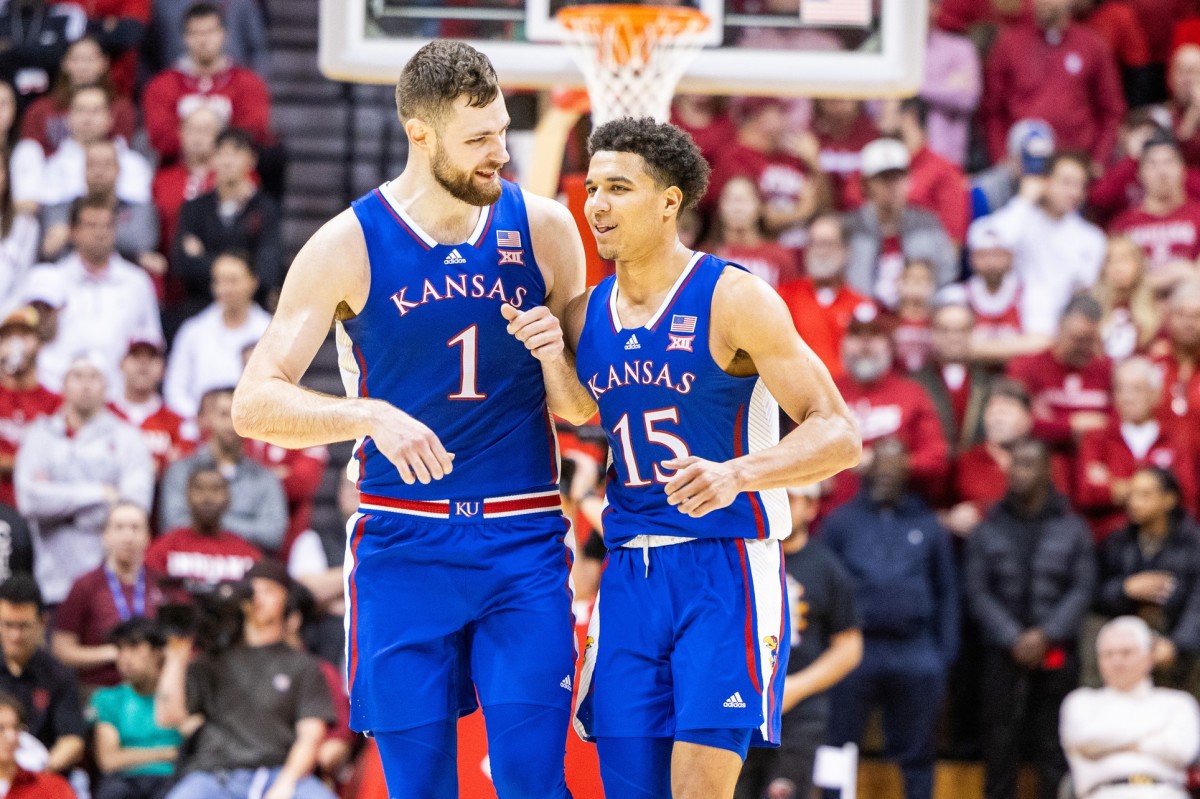 Kansas Jayhawks center Hunter Dickinson (1) and guard Kevin McCullar Jr. (15) celebrate in the second half against the Indiana Hoosiers at Simon Skjodt Assembly Hall.
