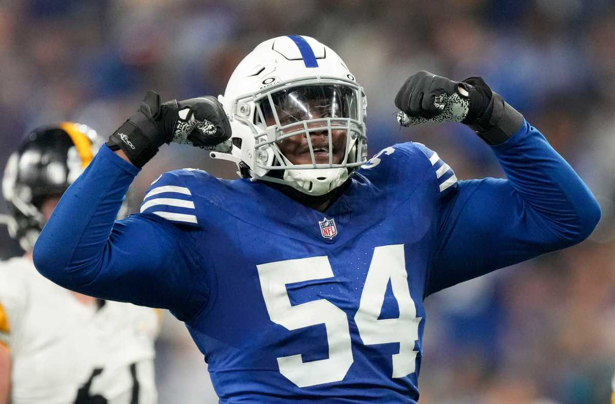 Indianapolis Colts defensive end Dayo Odeyingbo (54) reacts after a play Saturday, Dec. 16, 2023, during a game against the Pittsburgh Steelers at Lucas Oil Stadium in Indianapolis.