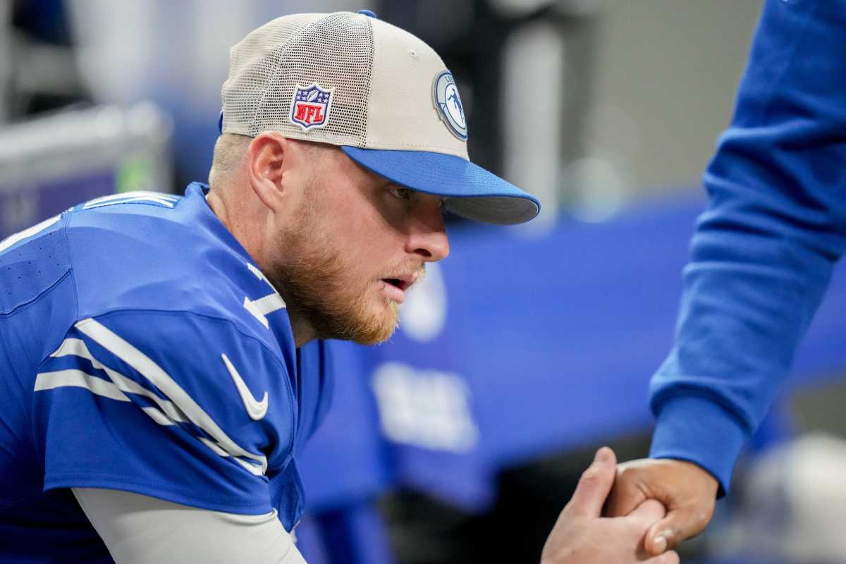 Indianapolis Colts place kicker Matt Gay (7) sits on the bench Saturday, Dec. 16, 2023, during a game against the Pittsburgh Steelers at Lucas Oil Stadium in Indianapolis.