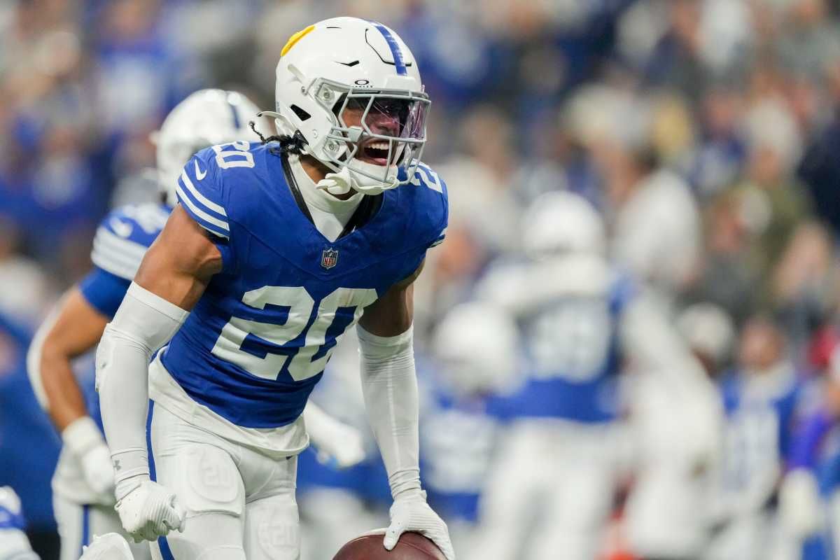 Indianapolis Colts safety Nick Cross (20) reacts after making an interception Saturday, Dec. 16, 2023, during a game against the Pittsburgh Steelers at Lucas Oil Stadium in Indianapolis.