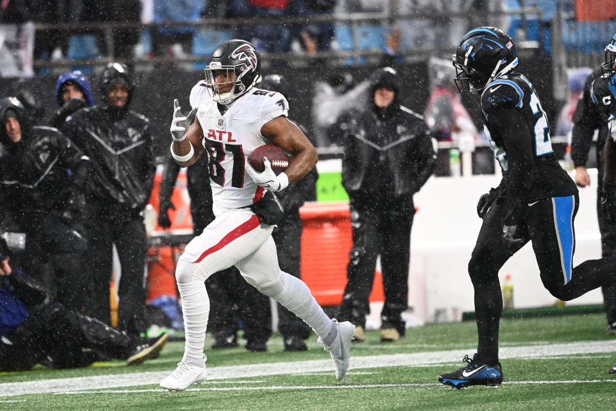 Atlanta Falcons tight end Jonnu Smith (81) with the ball as Carolina Panthers safety Vonn Bell (24) defends in the second quarter at Bank of America Stadium.