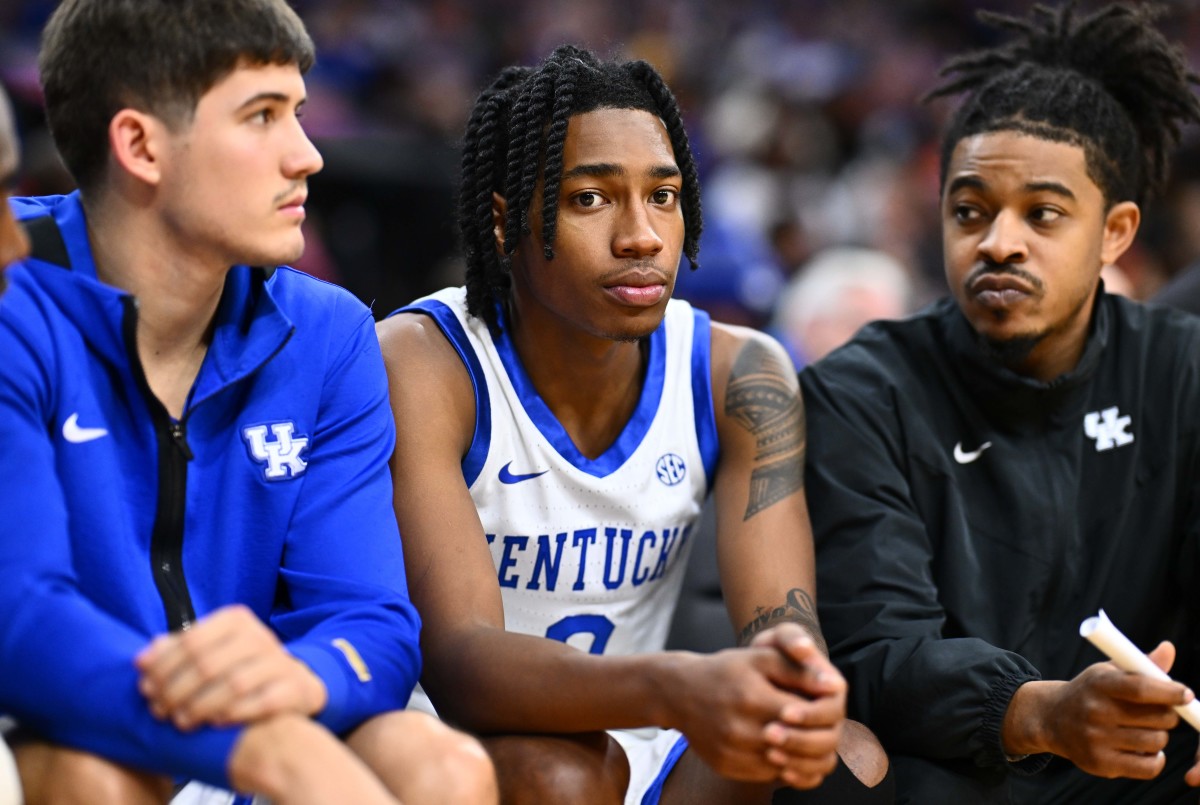 Dec 9, 2023; Philadelphia, Pennsylvania, USA; Kentucky Wildcats guard Rob Dillingham (0) looks on against the Penn Quakers in the second half at Wells Fargo Center. Mandatory Credit: Kyle Ross-USA TODAY Sports