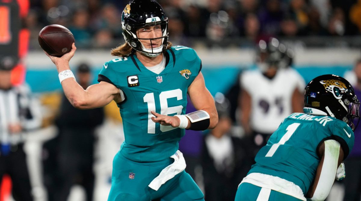Jacksonville Jaguars quarterback Trevor Lawrence (16) passes against the Baltimore Ravens in the first half of an NFL football game Sunday, Dec. 17, 2023, in Jacksonville, Fla. (AP Photo/John Raoux)