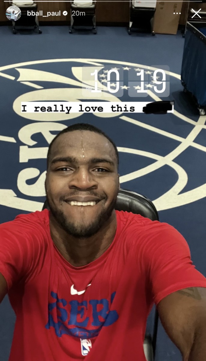 Sixers center Paul Reed posts that he's working late Sunday night on Instagram.
