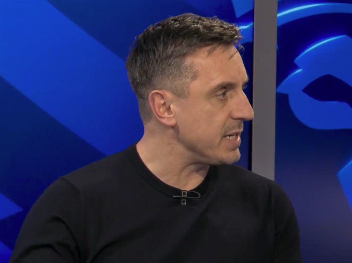 Gary Neville pictured speaking on Sky Sports after Manchester United drew 0-0 at Liverpool in December 2023
