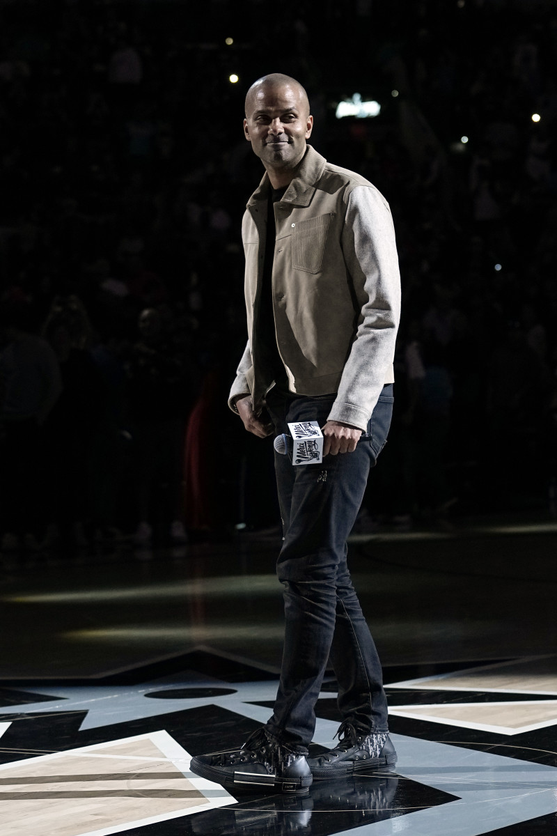 Dec 17, 2023; San Antonio, Texas; Former Spurs Hall-of-Fame point guard Tony Parker honored at halftime against the Pelicans.