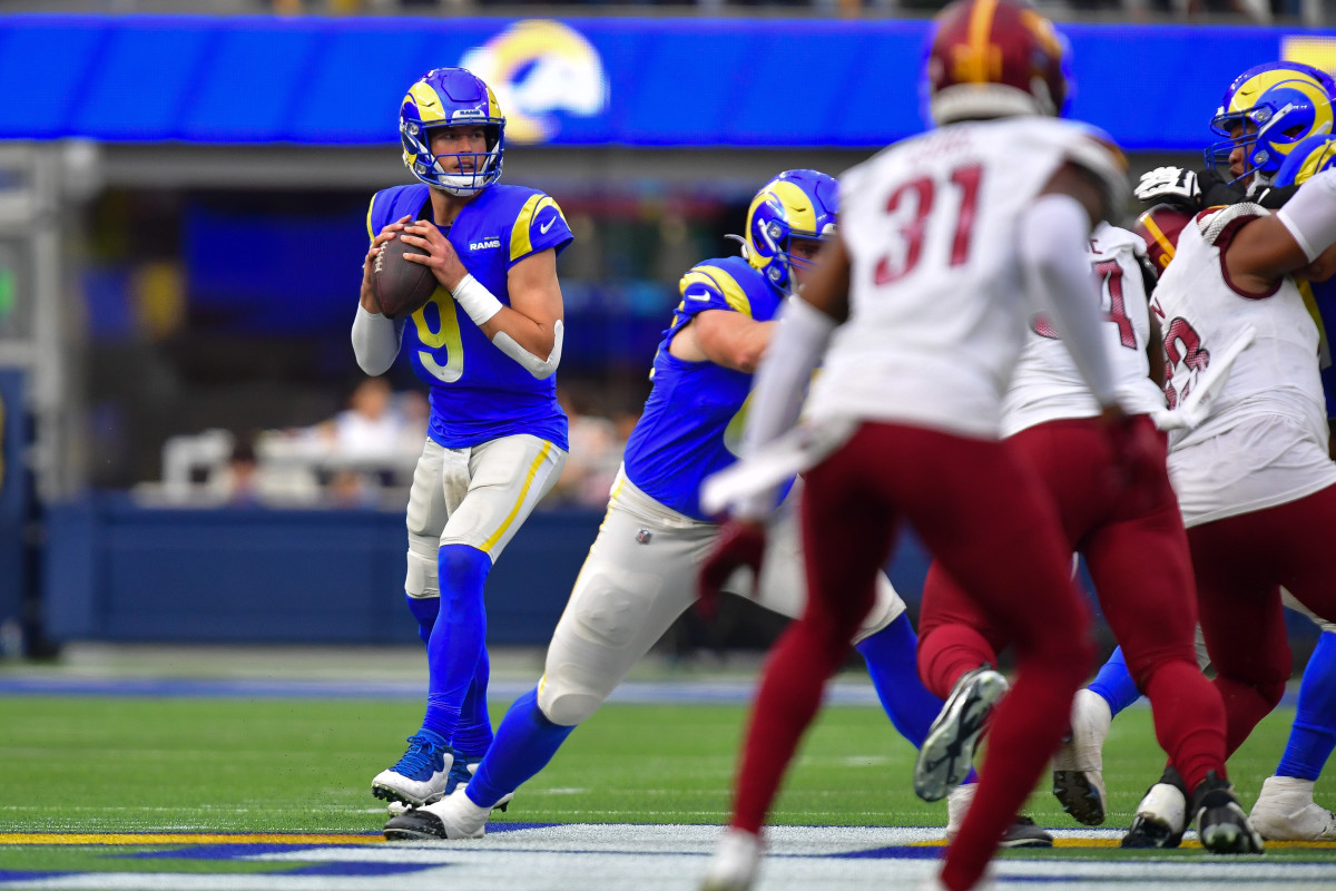 Los Angeles Rams quarterback Matthew Stafford (9) drops back to pass against the Los Angeles Rams during the first half at SoFi Stadium.