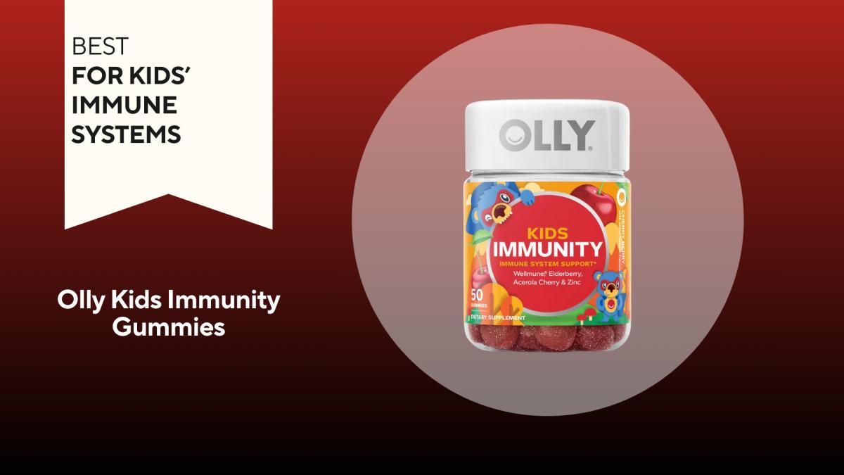 A bottle with a colorful label with cartoon bears and cherries on it of Olly kids immunity gummies on a red background, our pick for the best for kids immune systems
