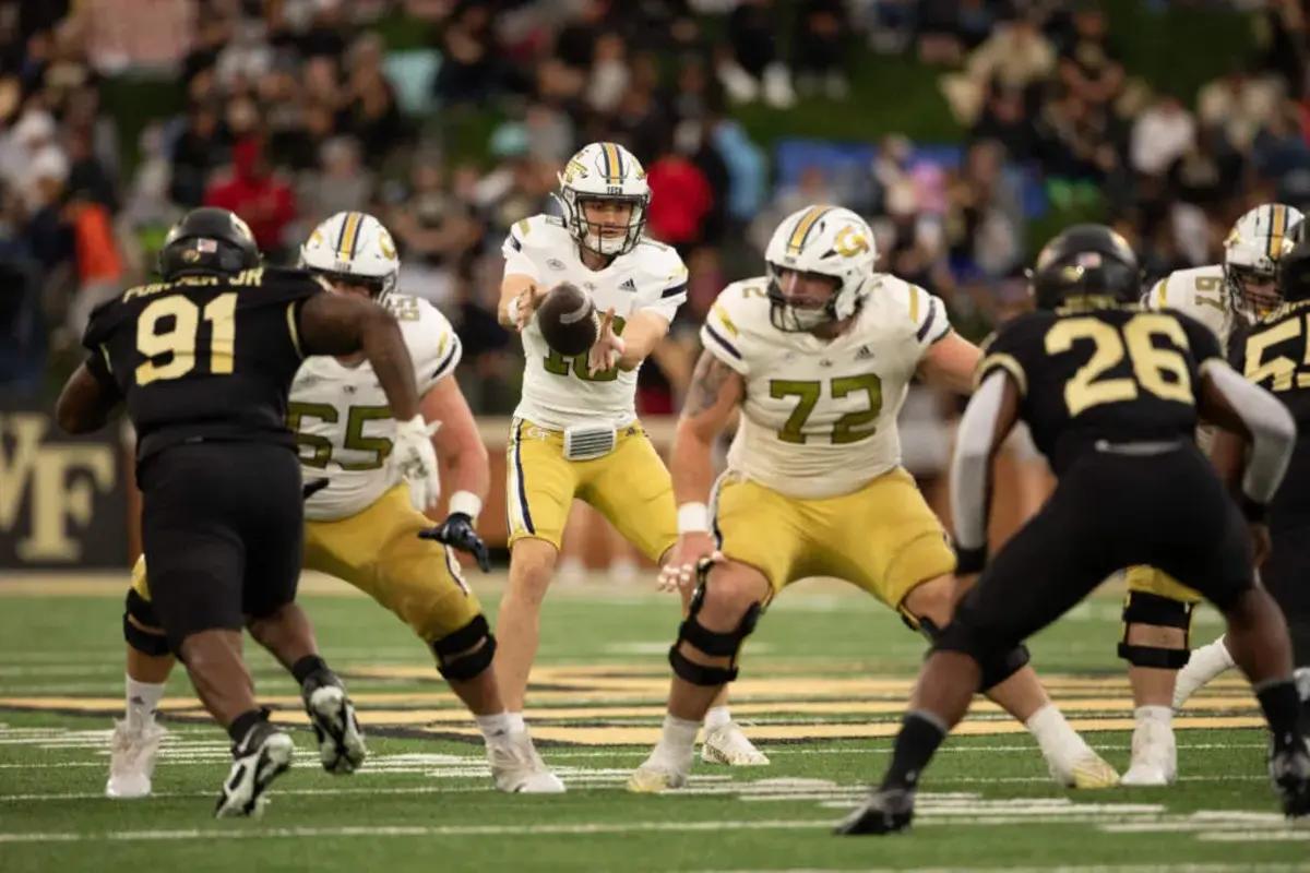 Connor Scaglione (#65) and Weston Franklin (#72) drop back into pass protection against Wake Forest)