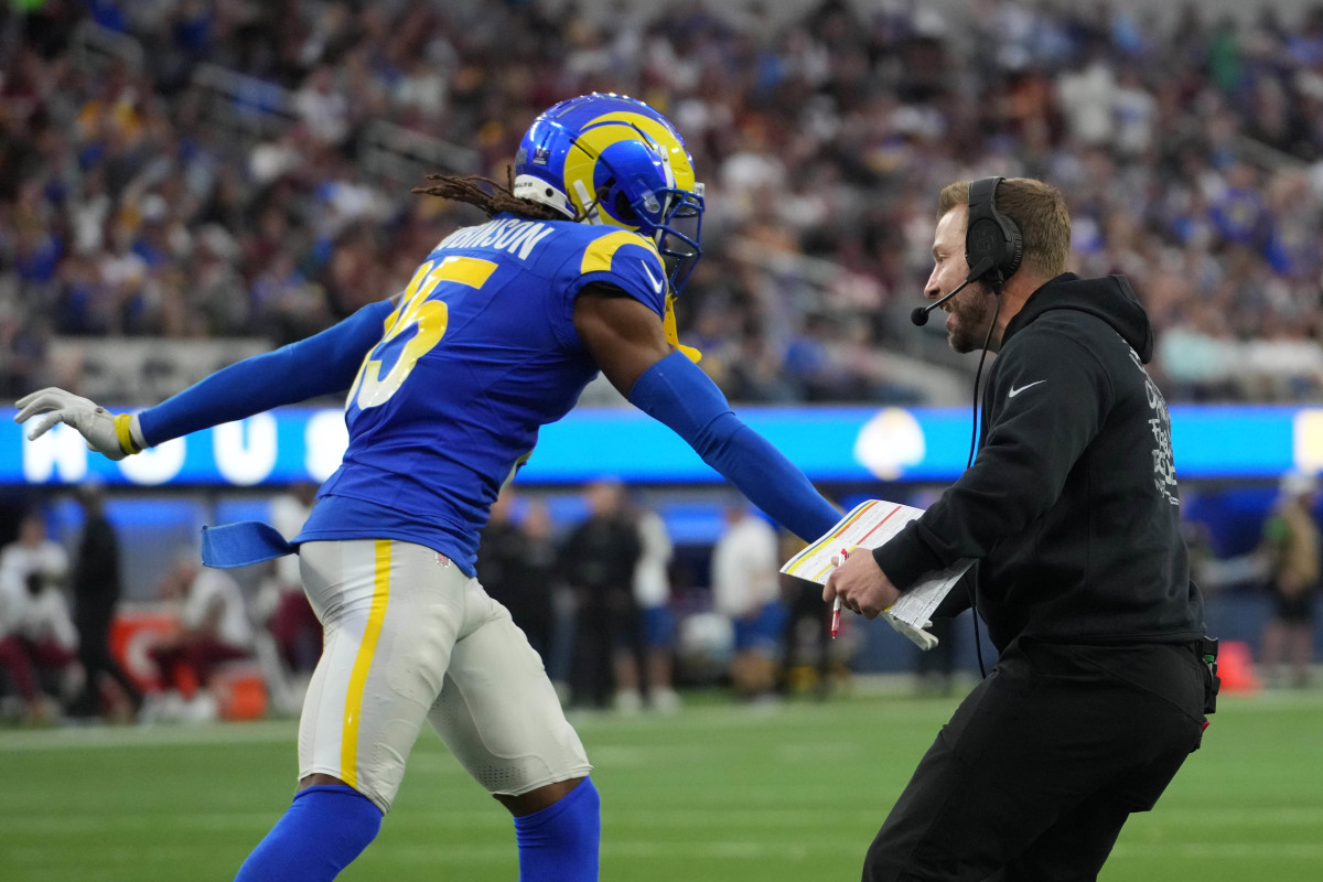 Dec 17, 2023; Inglewood, California, USA; Los Angeles Rams coach Sean McVay (right) and wide receiver Demarcus Robinson (15) celebrate after a touchdown against the Washington Commanders in the second half at SoFi Stadium.