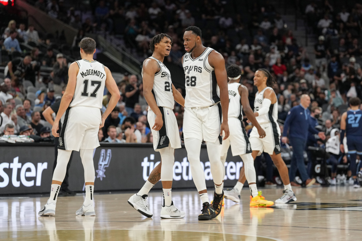 Nov 9, 2022; San Antonio, Texas, USA; San Antonio Spurs guard Devin Vassell (24) celebrates a play by San Antonio Spurs center Charles Bassey (28) in the first half against the Memphis Grizzlies at the AT&T Center.