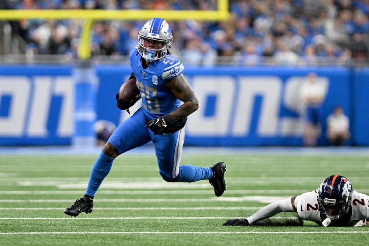 Lions running back Jahmyr Gibbs rushed for 100 yards and ran for two scores against the Broncos in Week 15.