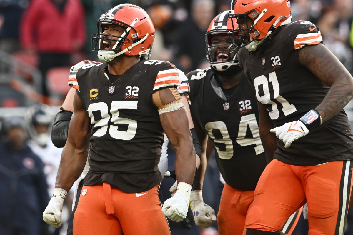 Dec 17, 2023; Cleveland, Ohio, USA; Cleveland Browns defensive end Myles Garrett (95) celebrates after making a tackle during the second half against the Chicago Bears at Cleveland Browns Stadium. Mandatory Credit: Ken Blaze-USA TODAY Sports