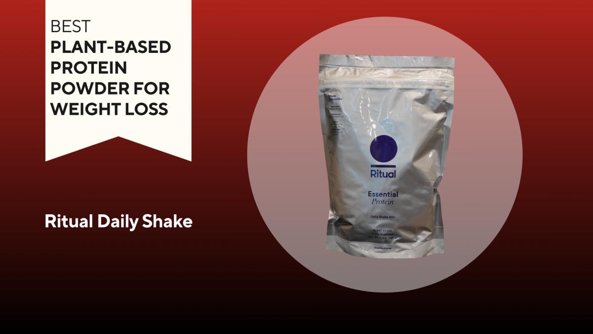 A silver bag with a blue label on a red background of Ritual daily shake our pick for the best plant-based protein powder for weight loss