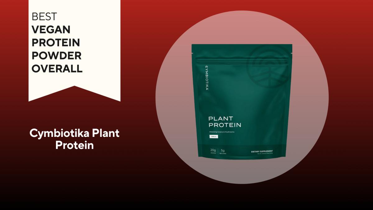A green bag of Cymbiotika plant protein on a red background our pick for the best vegan protein powder overall
