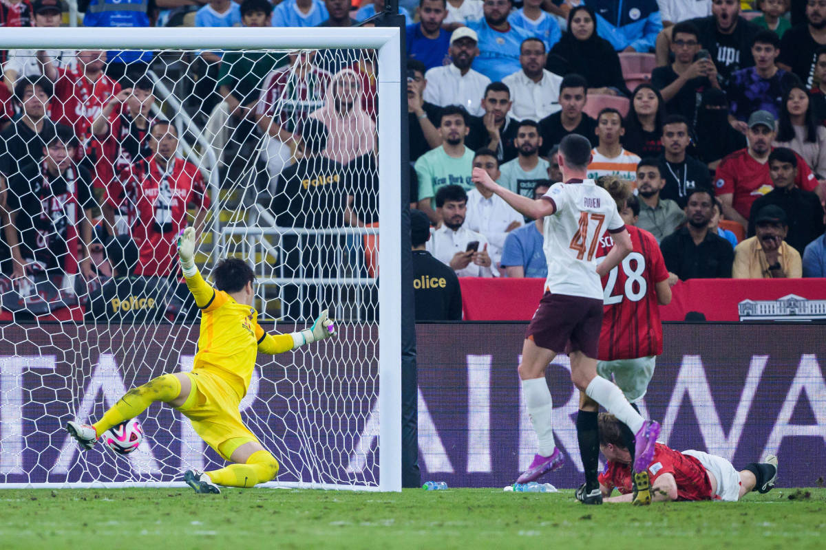 Urawa Red Diamonds defender Marius Hoibraten pictured (bottom right) moments after scoring an own goal to put Manchester City 1-0 up in a FIFA Club World Cup semi-final in December 2023