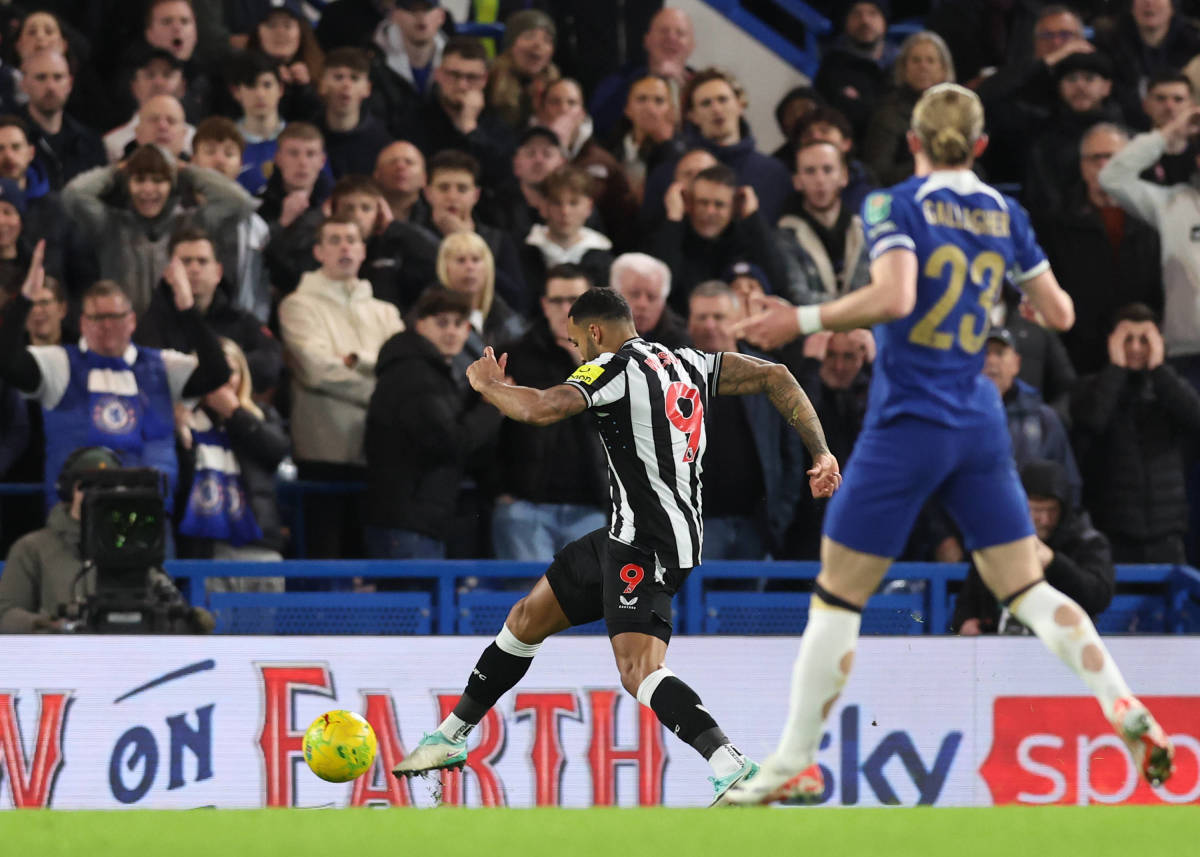 Callum Wilson pictured (center) scoring for Newcastle United against Chelsea in the quarter-finals of the 2023/24 EFL Cup