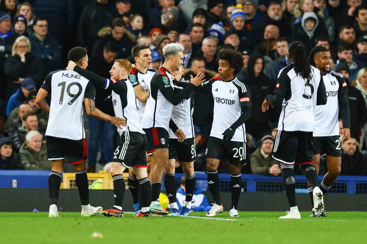 Fulham's players pictured celebrating during their victory at Everton in the quarter-finals of the 2023/24 EFL Cup