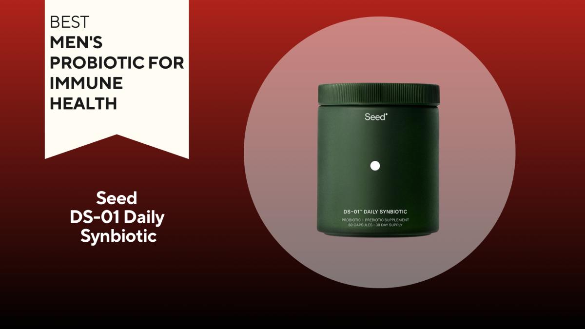 A green container with white writing on a red background of Seed DS-01 Daily SYnbiotic, our pick for the best men's probiotic for immune health