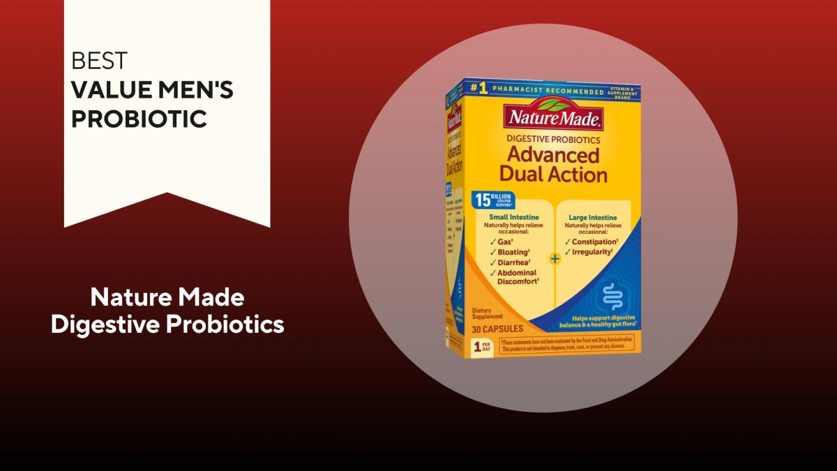 A yellow box with blue, red and green writing on a red background of Nature Made Advanced Dual Action Digestive Probiotics, our pick for the best value men's probiotic
