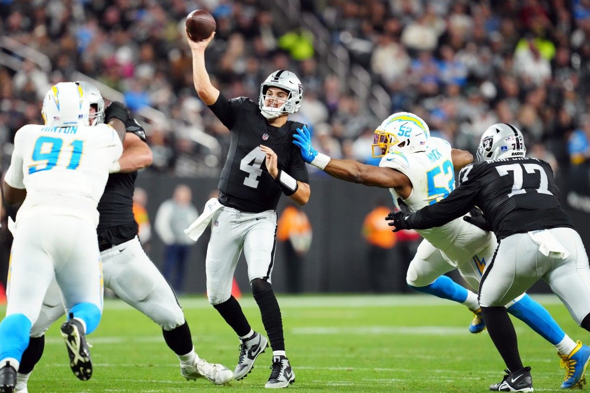 Las Vegas Raiders rookie quarterback Aidan O'Connell earned a season-high 25.92 PPR (points per reception) and non-PPR fantasy points against the Los Angeles Chargers.