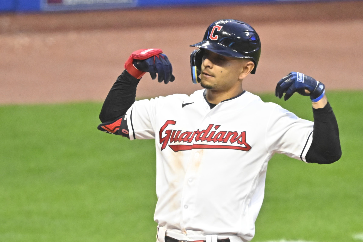 Sep 26, 2023; Cleveland, Ohio, USA; Cleveland Guardians second baseman Andres Gimenez (0) celebrates his solo home run in the third inning against the Cincinnati Reds at Progressive Field.