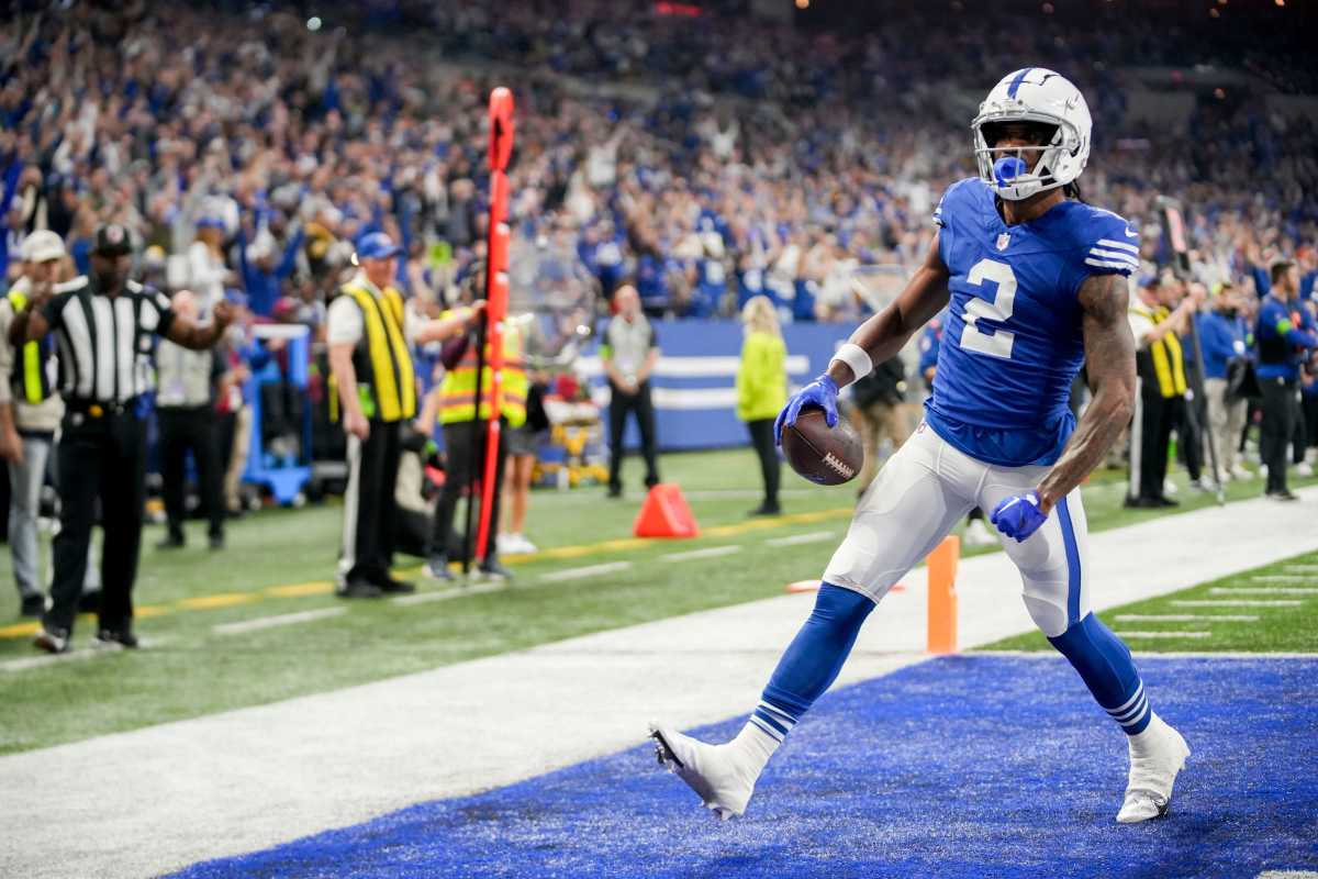 Indianapolis Colts wide receiver D.J. Montgomery (2) runs into the end zone for a touchdown Saturday, Dec. 16, 2023, during a game against the Pittsburgh Steelers at Lucas Oil Stadium in Indianapolis.  