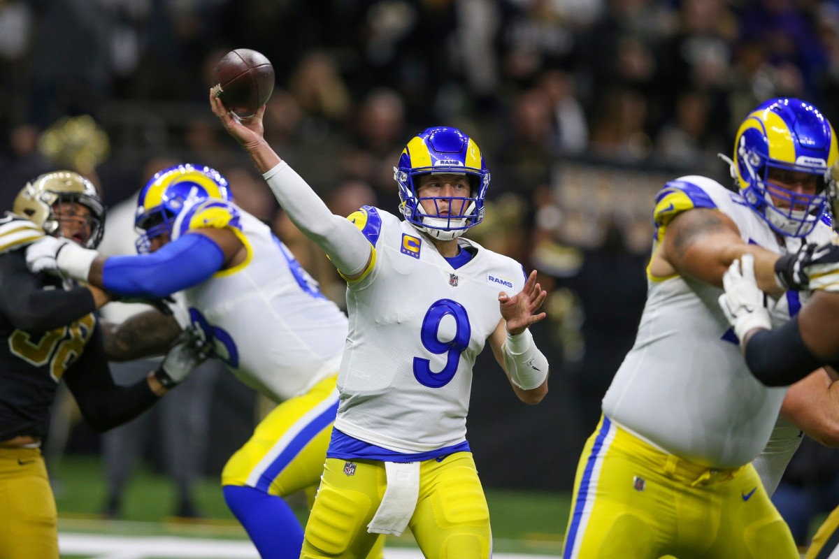 Nov 20, 2022; Los Angeles Rams quarterback Matthew Stafford (9) makes a throw against the New Orleans Saints. Mandatory Credit: Chuck Cook-USA TODAY