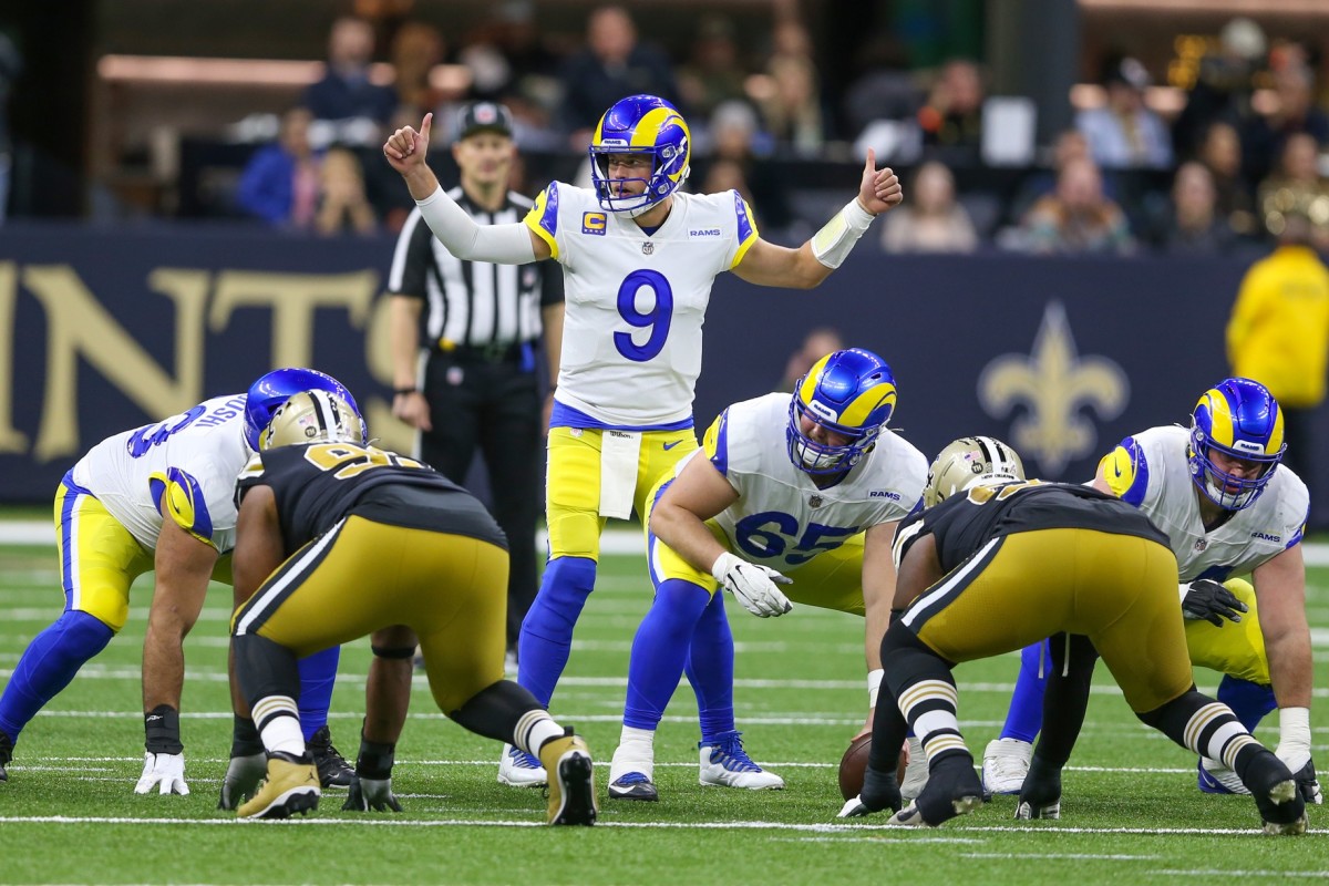 Nov 20, 2022; Los Angeles Rams quarterback Matthew Stafford (9) signals a play against the New Orleans Saints. Mandatory Credit: Chuck Cook-USA TODAY