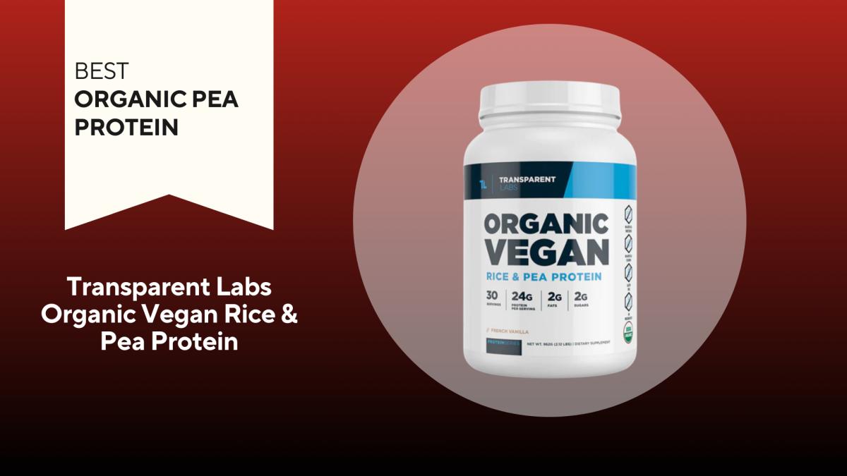 A white container with blue writing against a red background of transparent labs organic vegan rice and pea protein, our pick for the best organic pea protein
