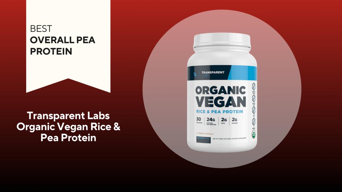 A white container with blue writing on a red background of transparent labs organic vegan rice and pea protein our pick for the best overall pea protein