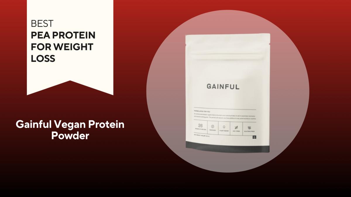 A white pouch with grey writing against a red background of gainful vegan protein powder, our pick for the best pea protein for weight loss