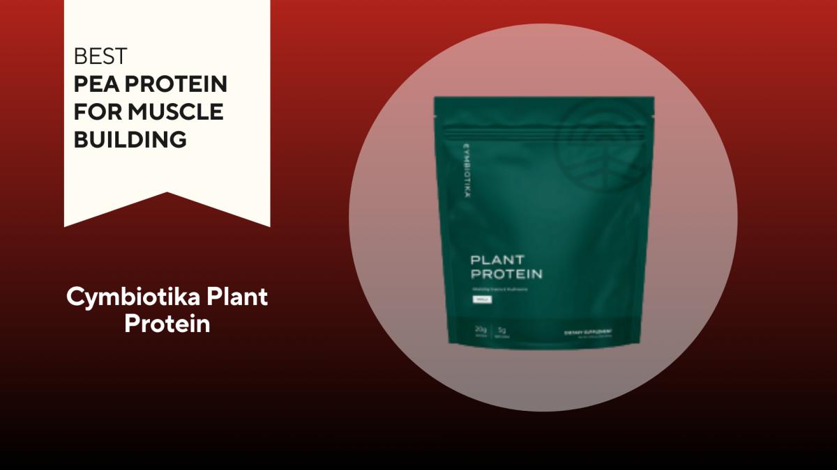 A green pouch against a red background of cymbiotika plant protein, our pick for the best pea protein for muscle building